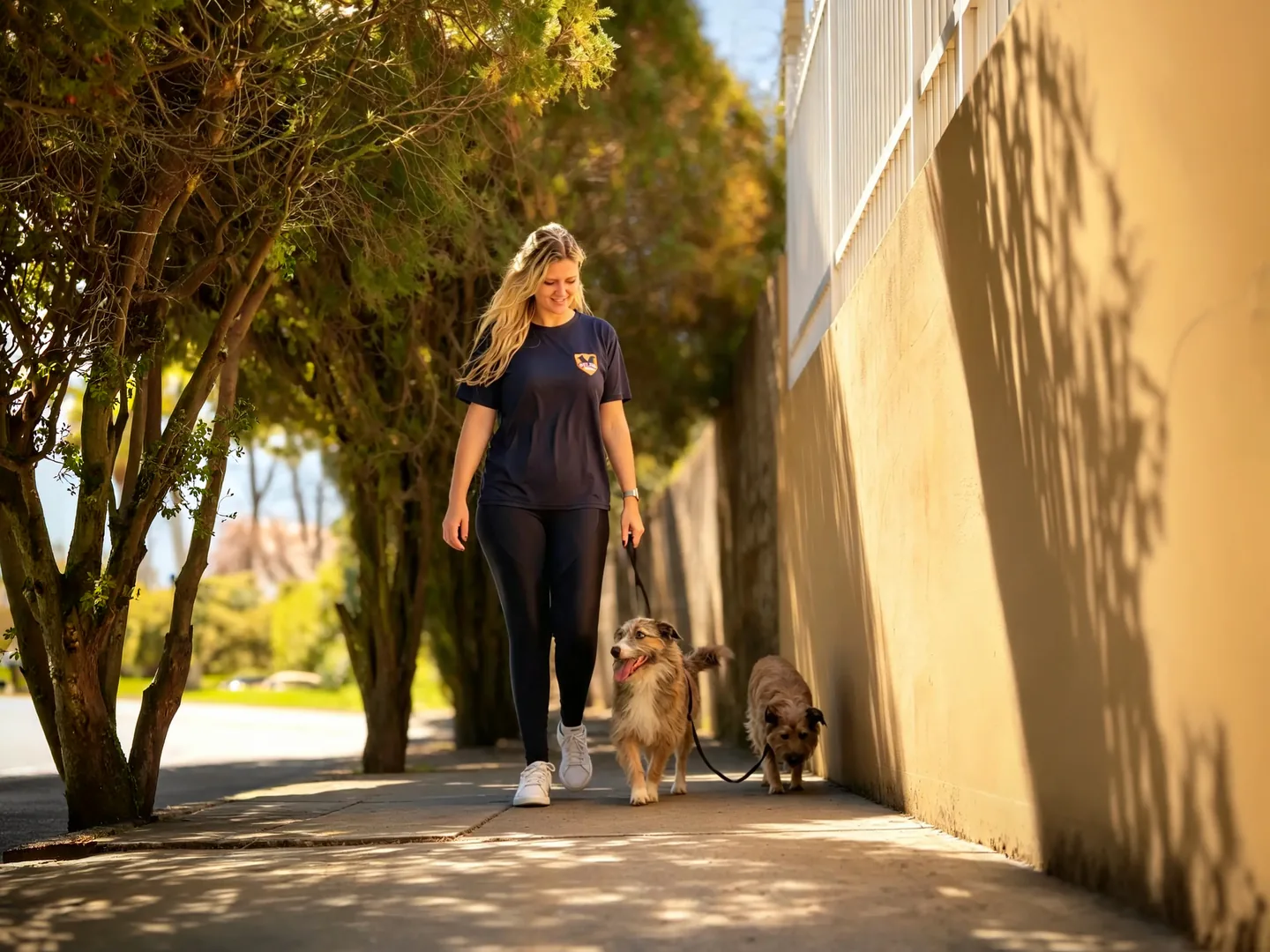 Vanessa, da Pet K-9, passeando com dois cães em uma rua arborizada de Blumenau