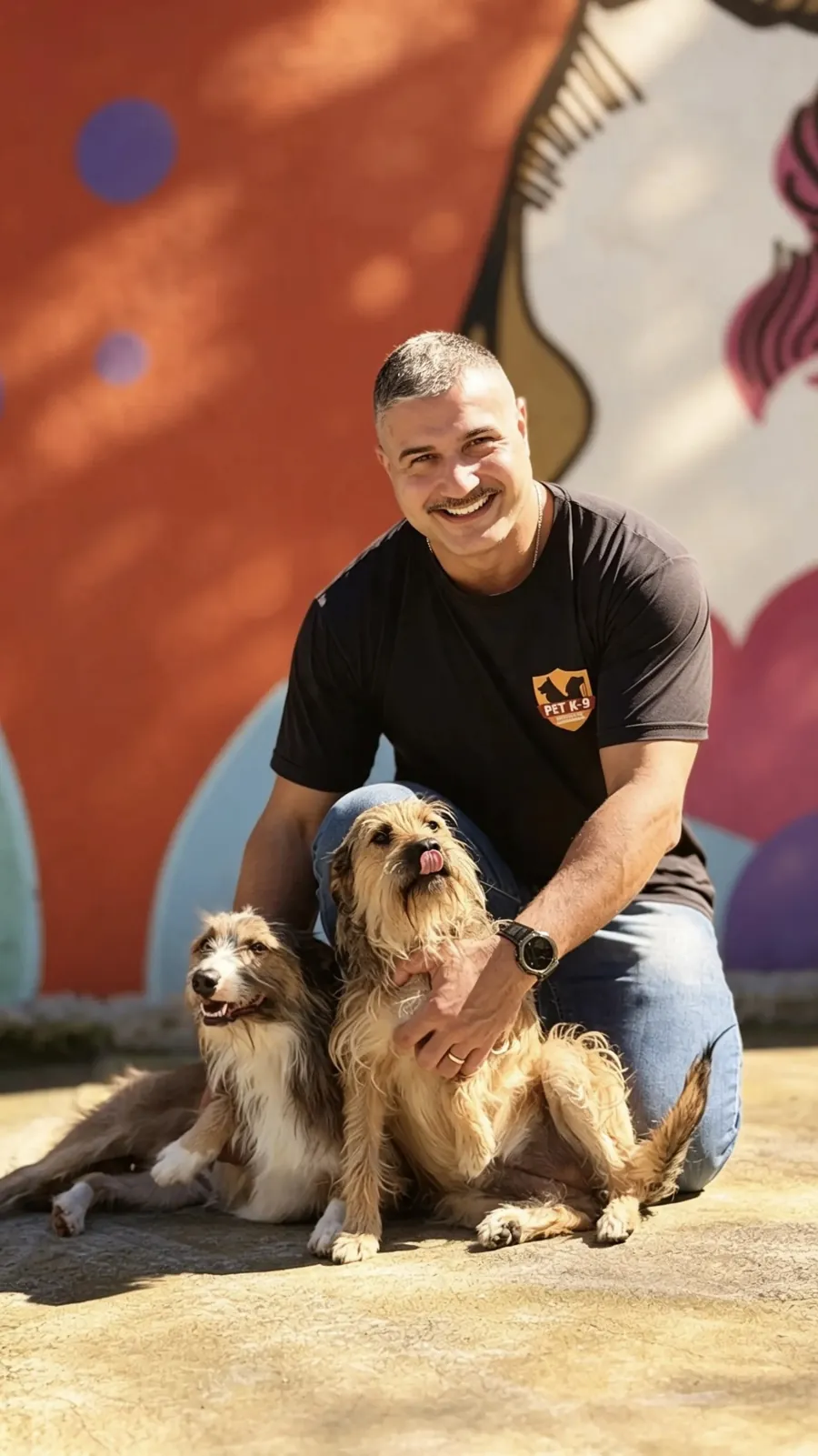 Bruno, adestrador da Pet K-9, agachado ao lado de um cão