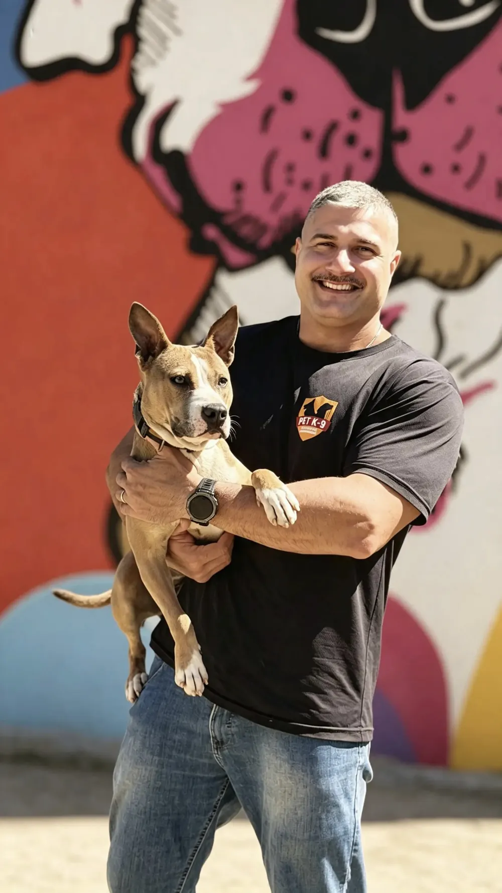 Bruno Miguel dos Santos, adestrador da Pet K-9, segurando um cão