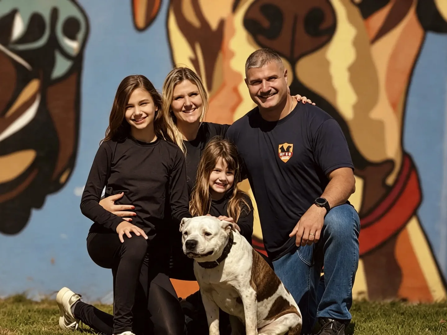 Bruno, Vanessa e a família da Pet K-9 com um cão, diante do mural