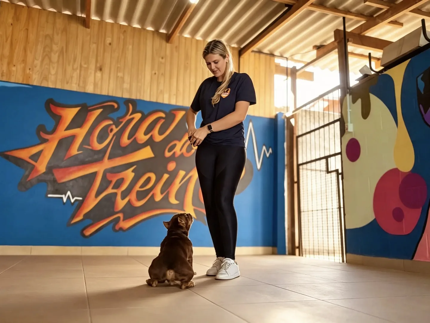 Vanessa, da Pet K-9, em treino com um cão diante do painel Hora do Treino