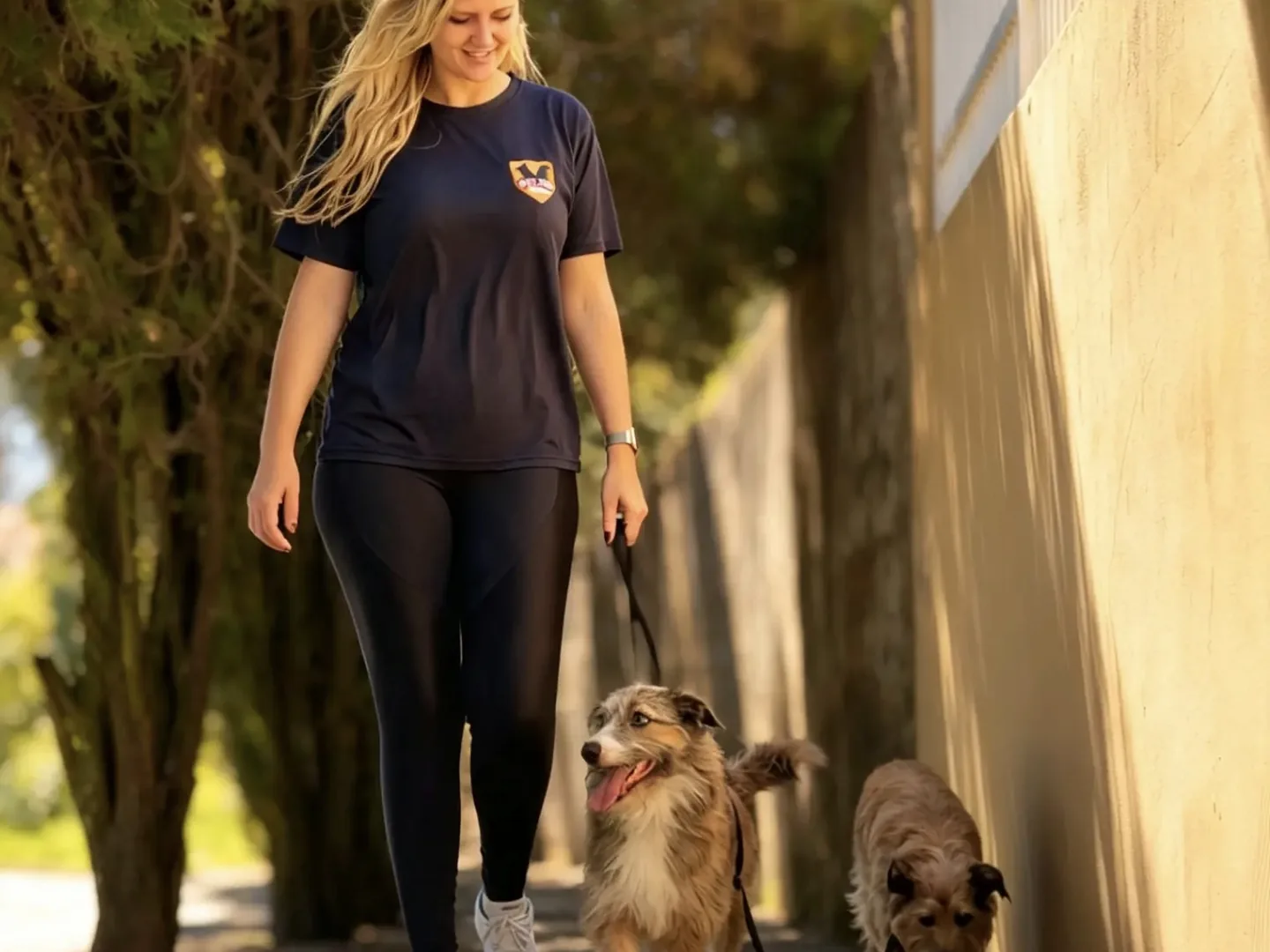 Vanessa, da Pet K-9, passeando com dois cães em uma rua arborizada